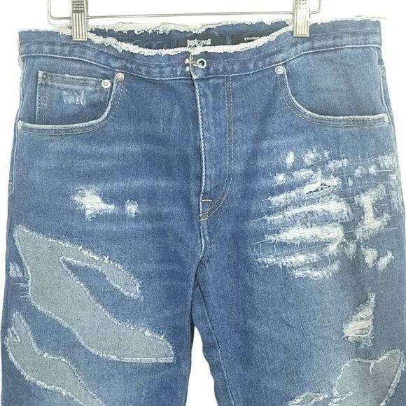 Just Cavalli New York Straight Distressed Patch Jeans Sz 30 - Picture 2 of 11